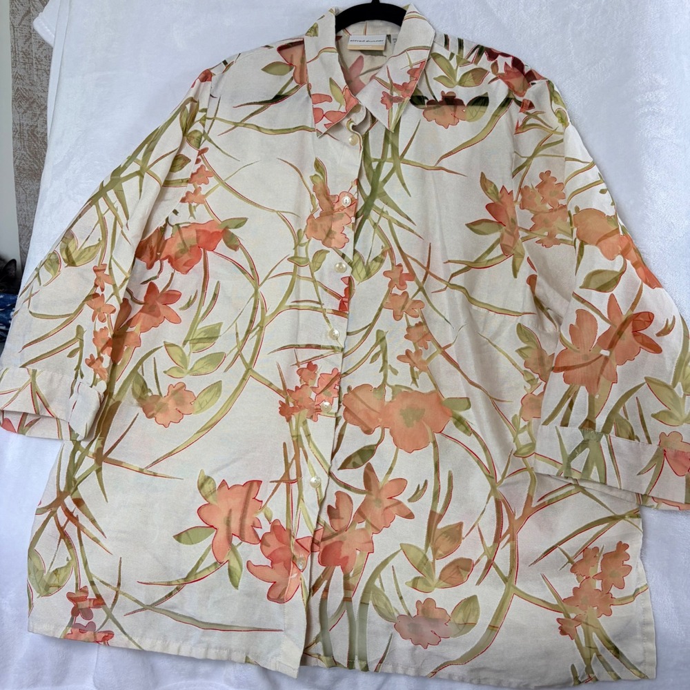Alfred Dunner Button Up Blouse Women 20W‎ Cream Floral Excellent Burnout Top